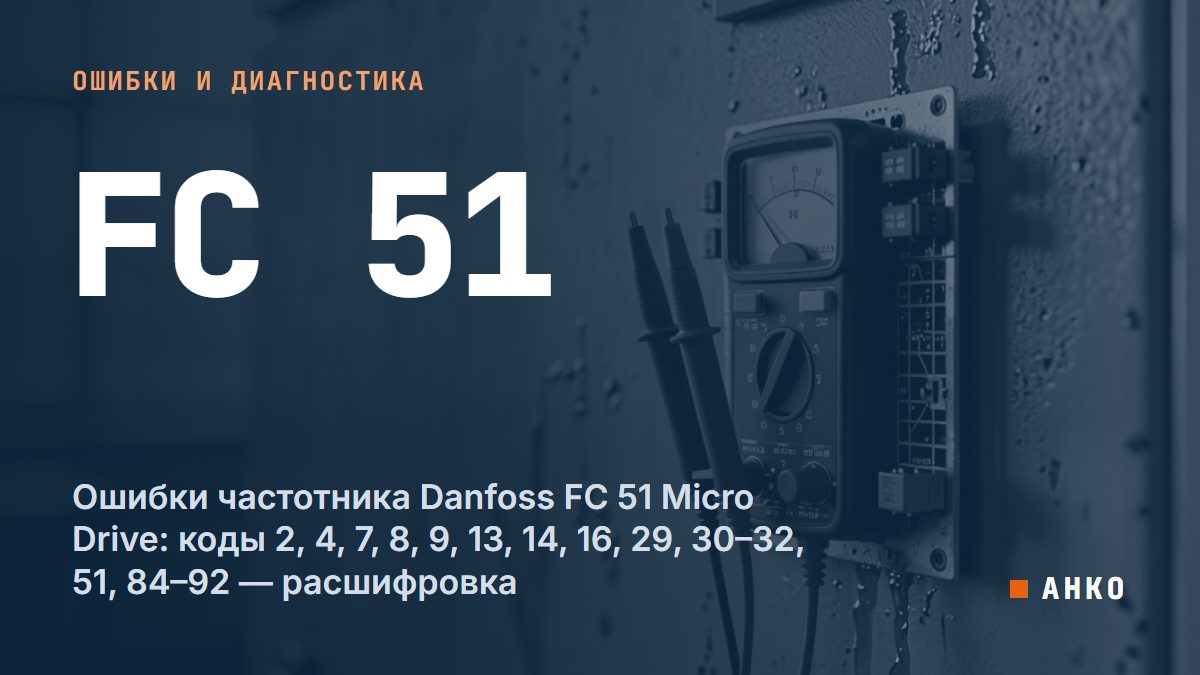 Ошибки частотника Danfoss FC 51 Micro Drive: коды 2, 4, 7, 8, 9, 13, 14, 16, 29, 30–32, 51, 84–92 — расшифровка