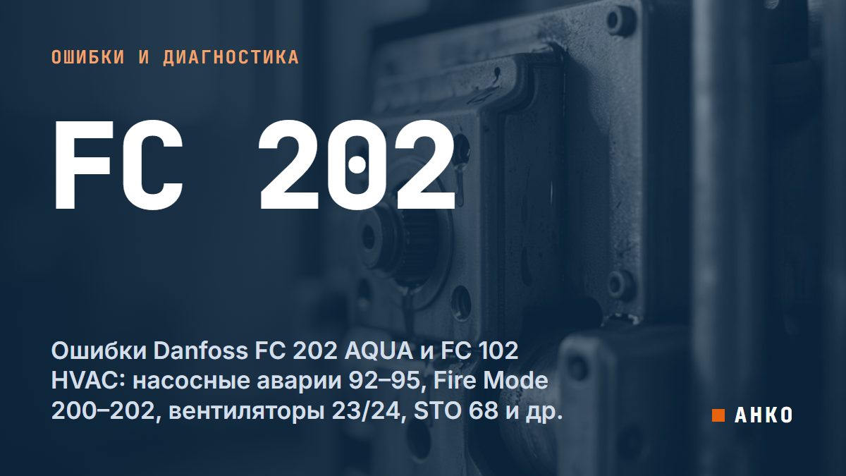 Ошибки Danfoss FC 202 AQUA и FC 102 HVAC: насосные аварии 92–95, Fire Mode 200–202, вентиляторы 23/24, STO 68 и др.