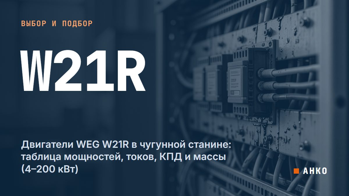 Двигатели WEG W21R в чугунной станине: таблица мощностей, токов, КПД и массы (4–200 кВт)