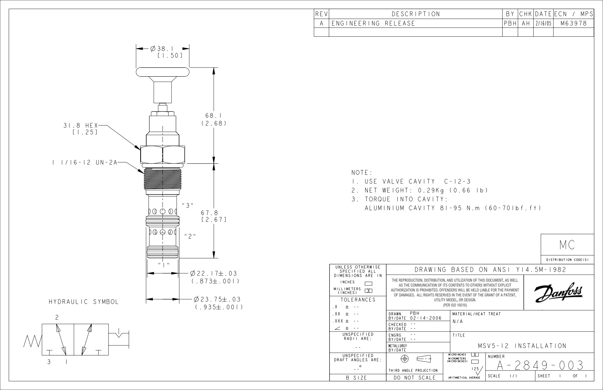 Картриджный клапан Danfoss 304AA00208A (MSV5-12-N-0 / C75)