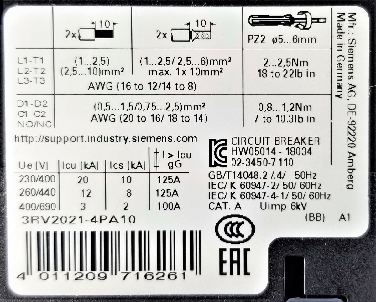 Автоматический выключатель Siemens SINAMICS G120 3RV2021-4PA10