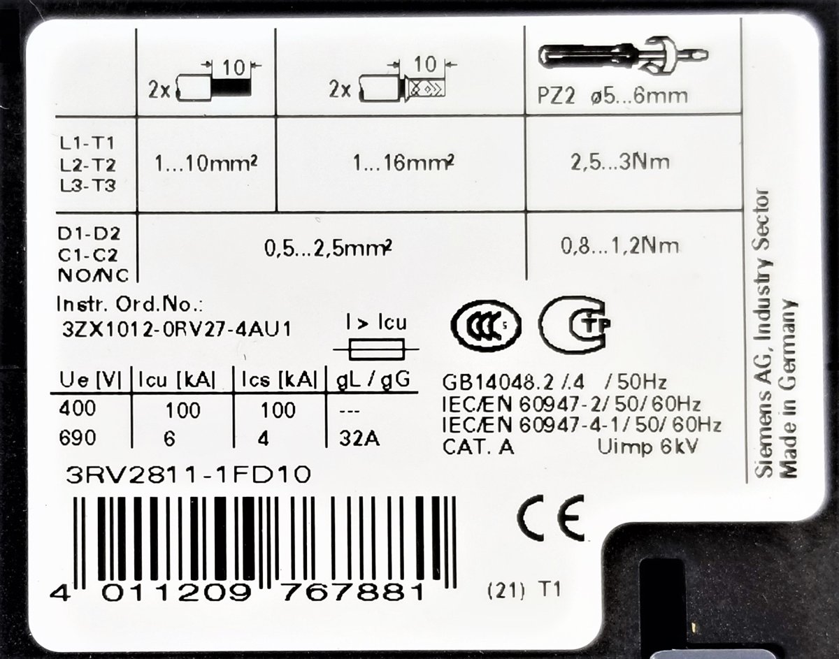 Автоматический выключатель Siemens 3RV2811-1FD10
