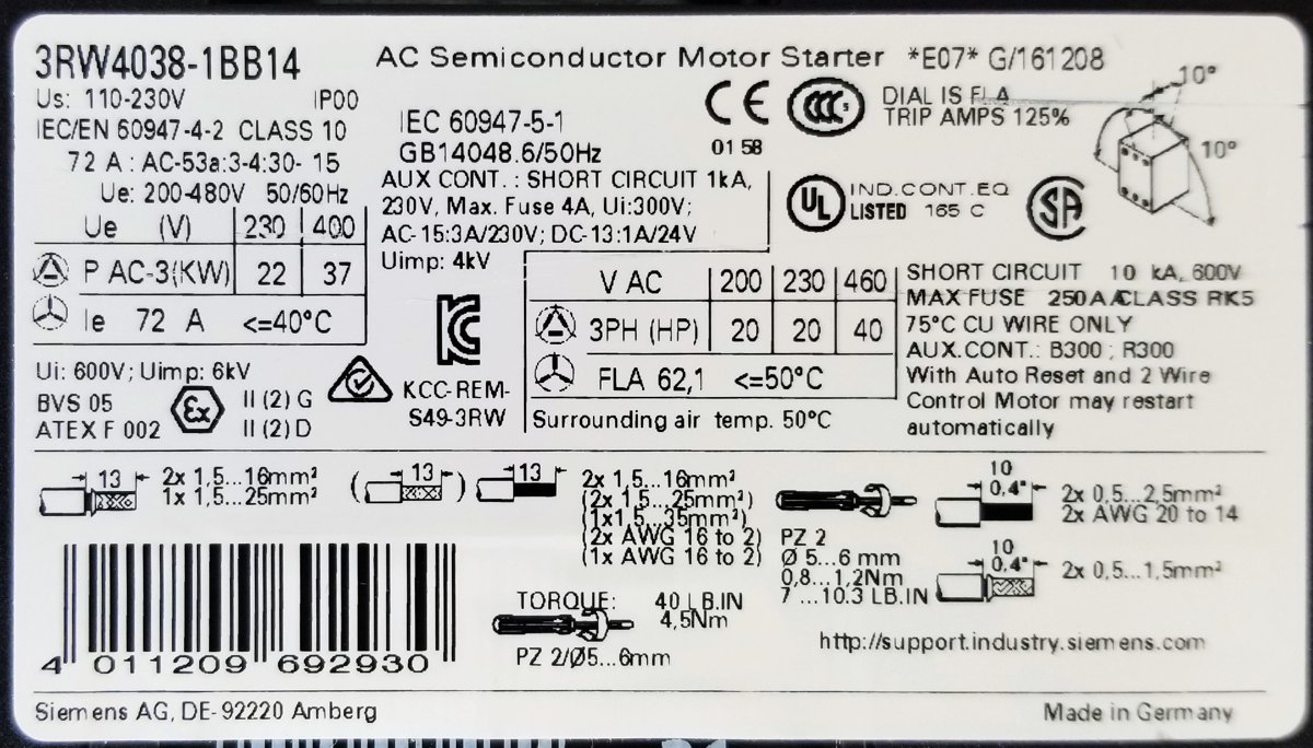 Устройство плавного пуска Siemens SIRIUS 3RW4038-1BB14