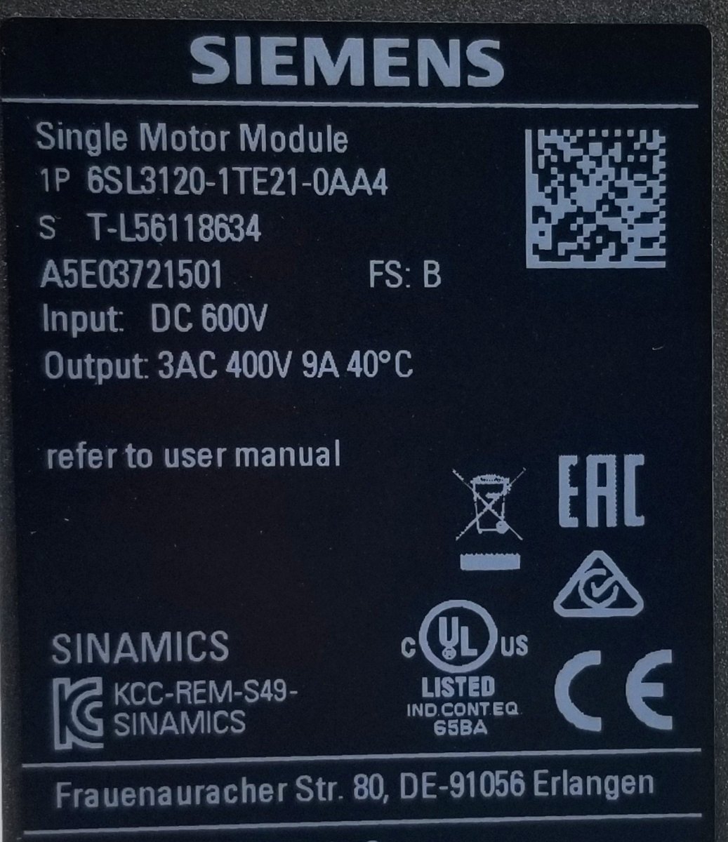 Электродвигатель Siemens SINAMICS S120 6SL3120-1TE21-0AA4