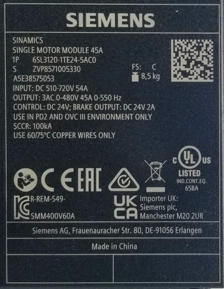 Электродвигатель Siemens SINAMICS S120 6SL3120-1TE24-5AC0