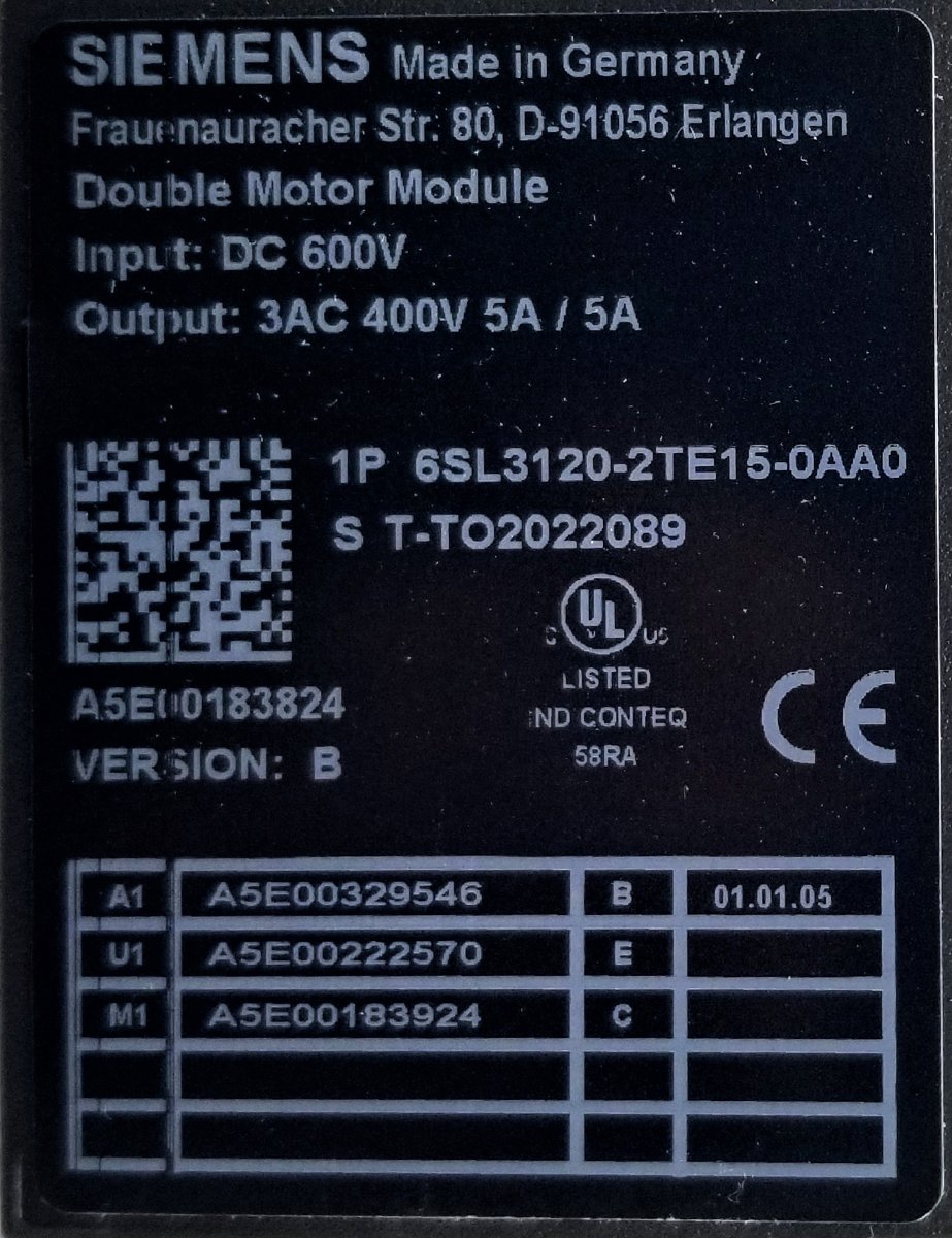 Электродвигатель Siemens SINAMICS 6SL3120-2TE15-0AA0