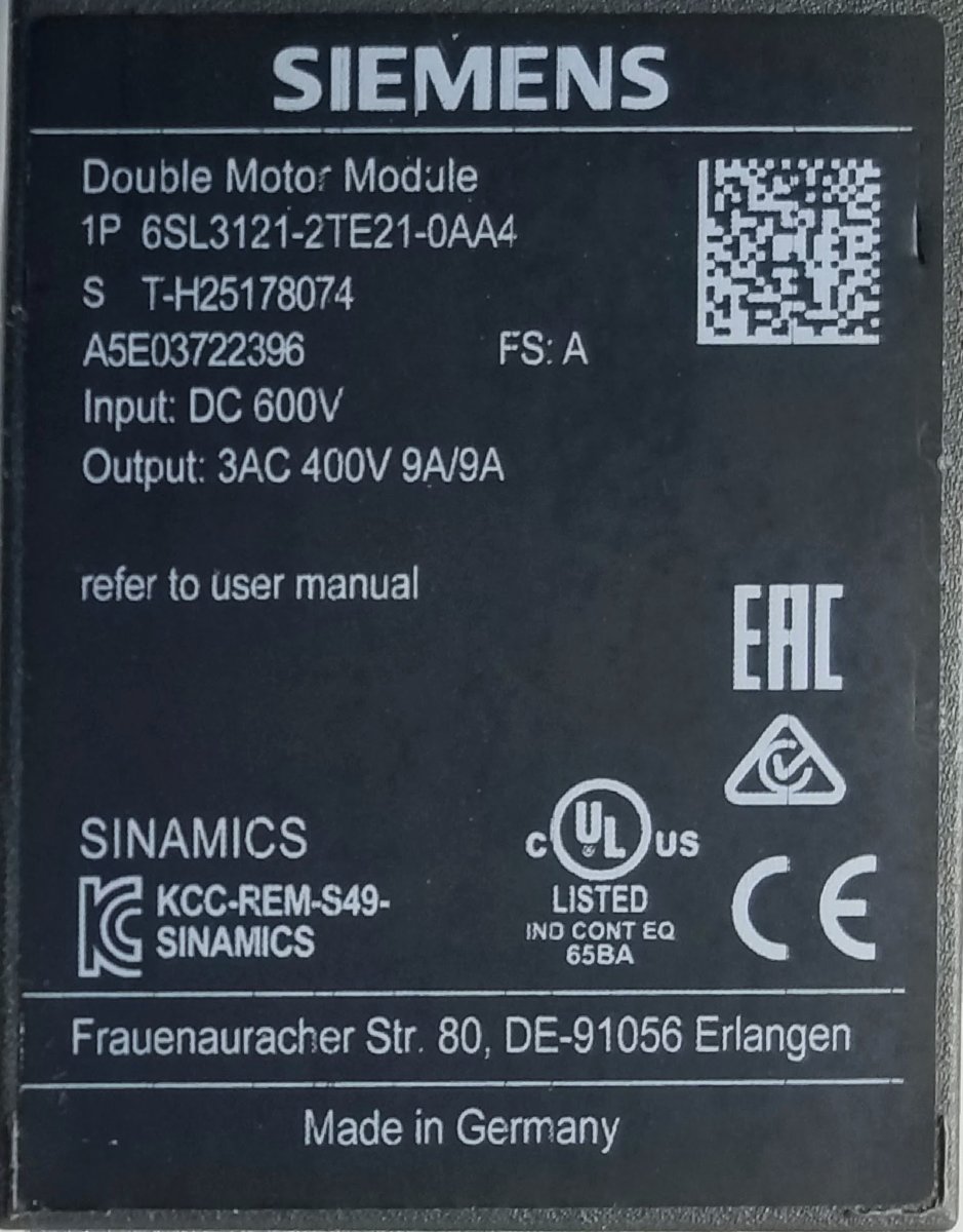 Электродвигатель Siemens SINAMICS 6SL3121-2TE21-0AA4