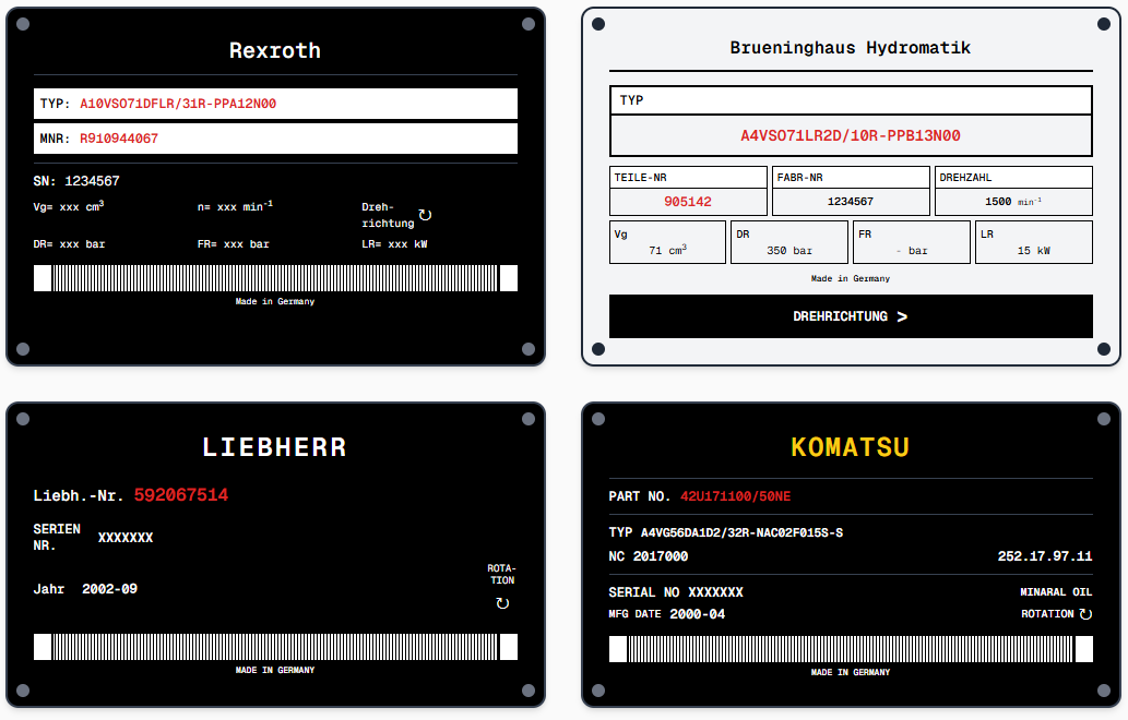 Сравнение полей таблички Rexroth, Brueninghaus Hydromatik, Liebherr, Komatsu